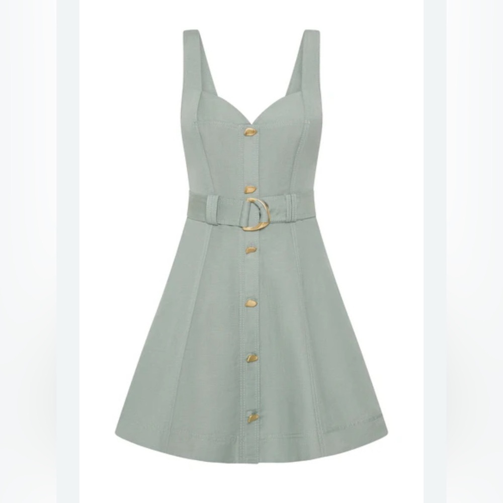 Aje Pale Sage Green Belted Mini Dress with Gold Buttons